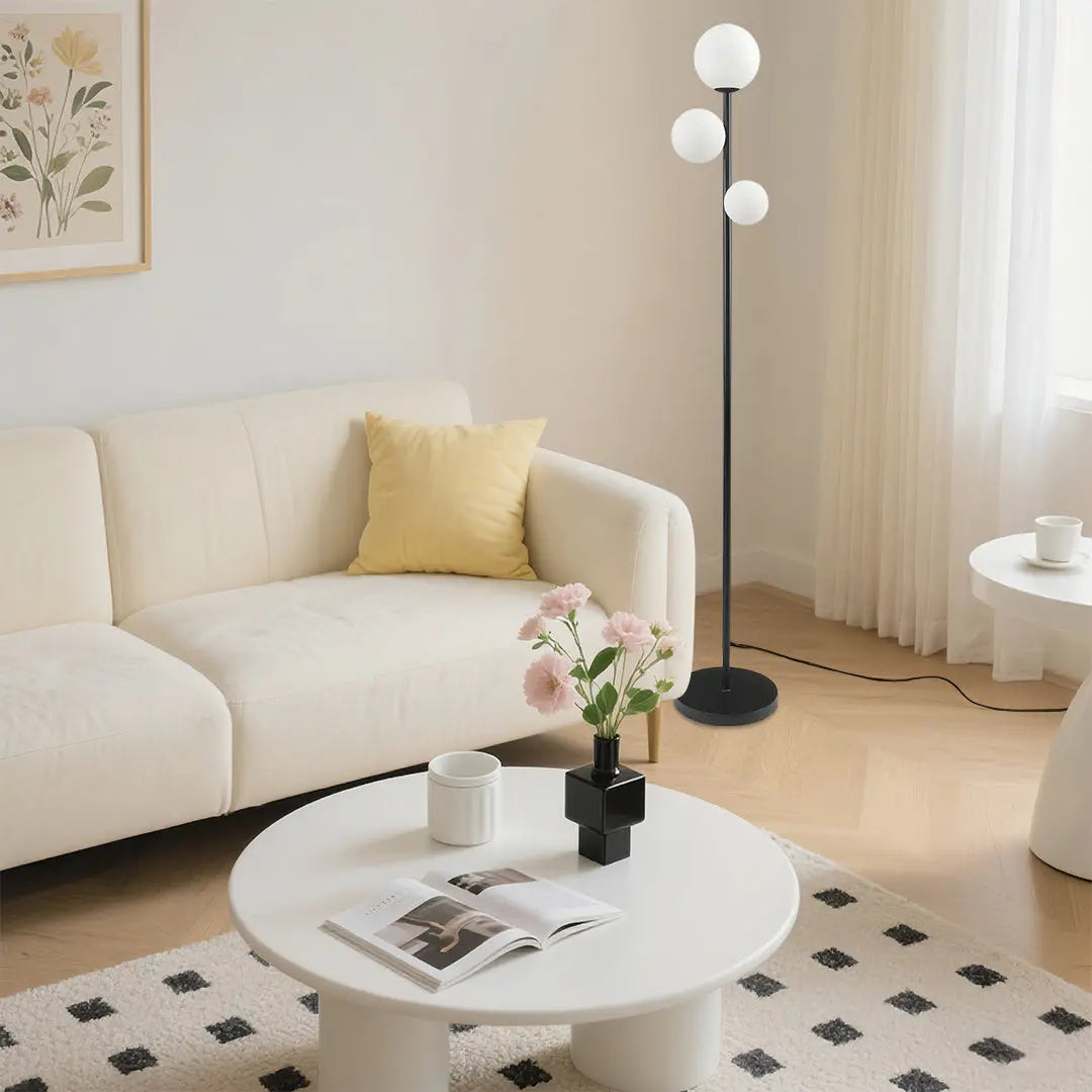 Modern Globe Floor Lamp with 3 Lights in Gold, Black, and White - Standing Design Luxe