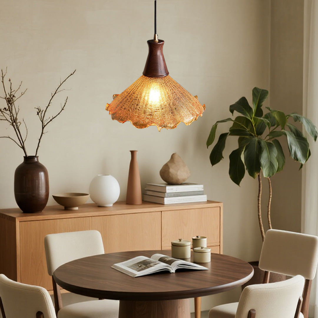 Vintage Brass Mini Pendant — H65 Brass, Cracked Glass, Walnut Wood, E27 LED, 3000K, 1-Light