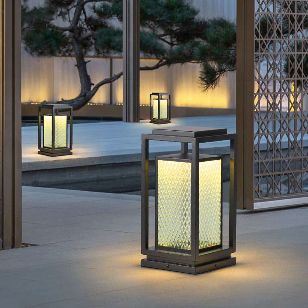 Industrial Square Glass Lantern Bollard — Black, Galvanized Steel, IP65, LED, Hardwired or Solar, 3 Sizes