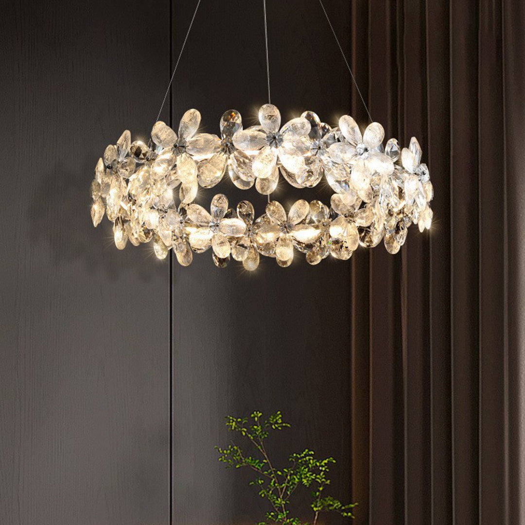 French Flower Crystal Chandelier — Mirror-Polished Metal, K9 Crystal, Stepless Dimming 3000K–6000K, Remote Control, Multiple Sizes