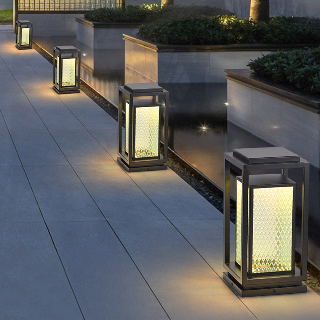 Industrial Square Glass Lantern Bollard — Black, Galvanized Steel, IP65, LED, Hardwired or Solar, 3 Sizes