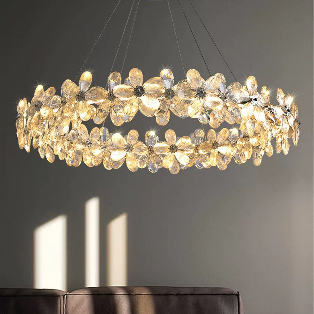 French Flower Crystal Chandelier — Mirror-Polished Metal, K9 Crystal, Stepless Dimming 3000K–6000K, Remote Control, Multiple Sizes