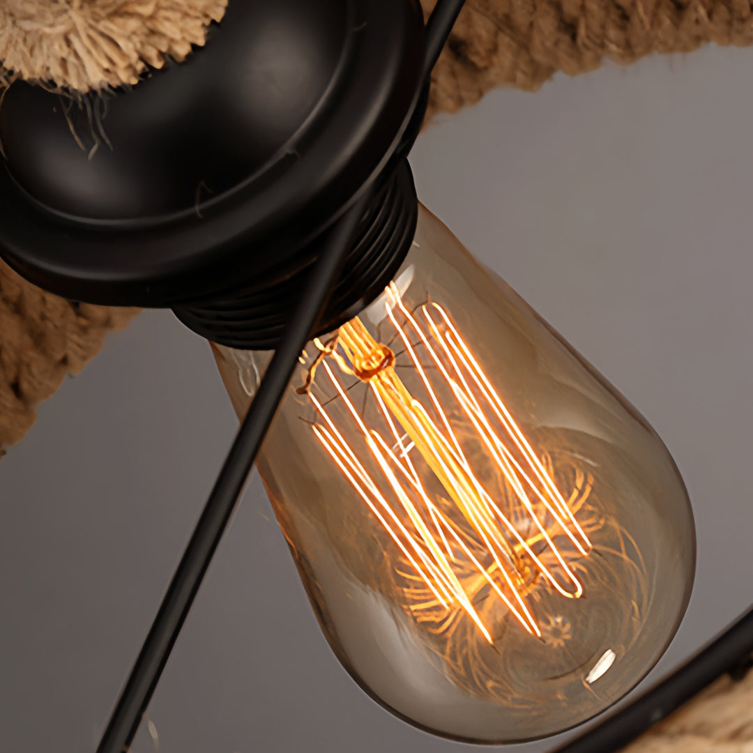 Vintage Industrial Hemp Rope Pendant Light — Iron, Bell-Shaped, E27, 4W, Adjustable 50cm Cord