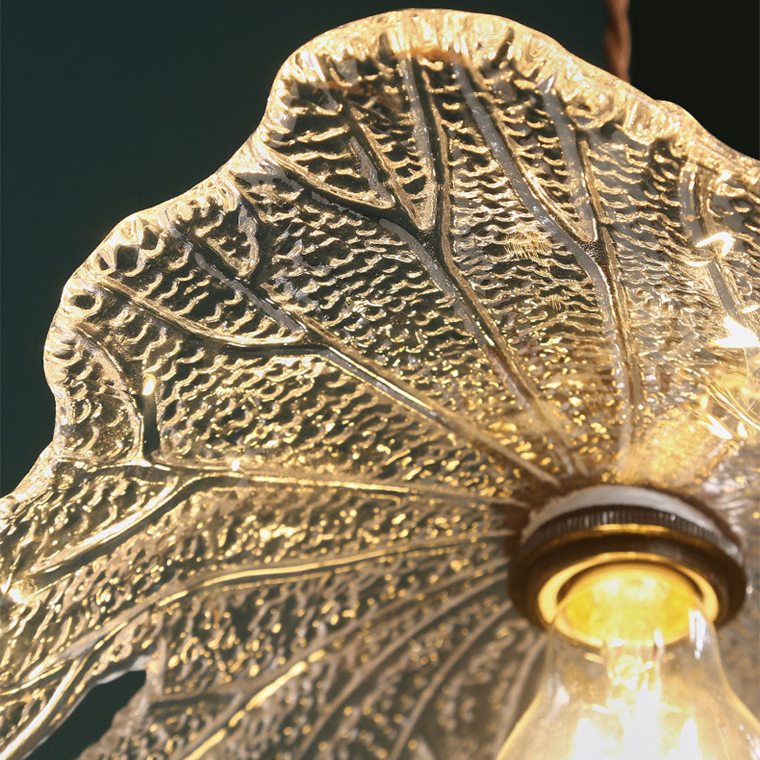 Lotus Leaf Mini Pendant — H65 Brass and Handcrafted Glass, Wood Accent, 1-Light, 3000K Warm, Hardwired