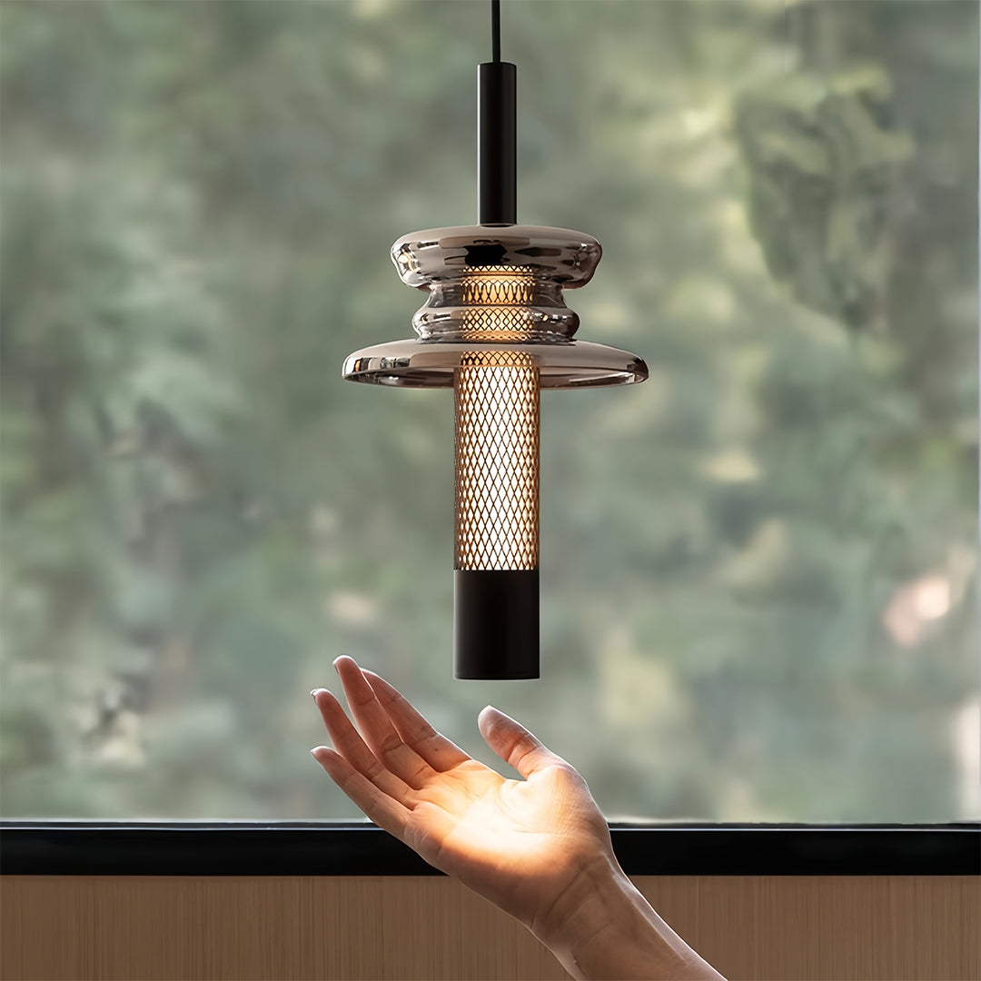 Geometric Mini Pendant — Black Iron and Aluminum, Hand-Blown Glass Shade, 7W LED, 3-Step Dimming, Dimmable, Remote Control