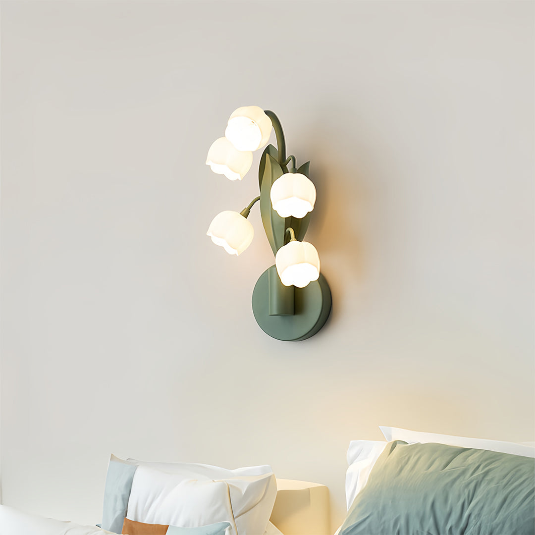 Bellflower Floral Wall Sconce — Green Iron, Clear Glass, 5-Light G4, Three-Step Dimming (3000K/4500K/6000K)
