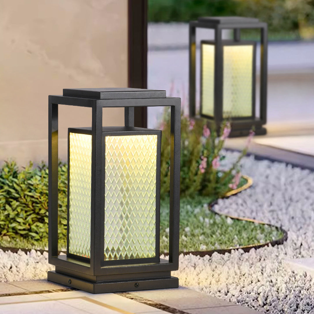 Industrial Square Glass Lantern Bollard — Black, Galvanized Steel, IP65, LED, Hardwired or Solar, 3 Sizes