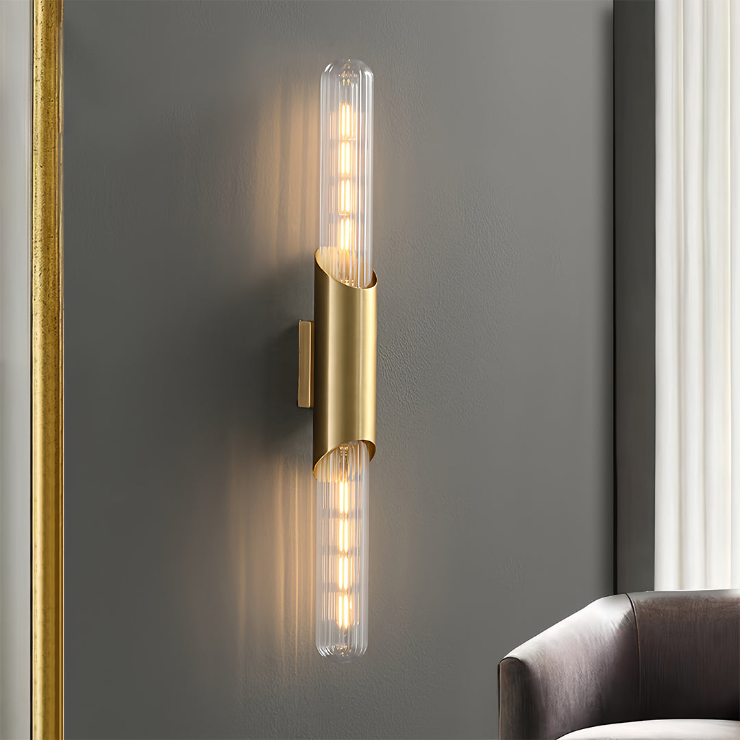 Cylindrical Up/Down Wall Sconce — Full Brass, Transparent Glass Shade, E14, 5W, 3000K/4000K/6000K
