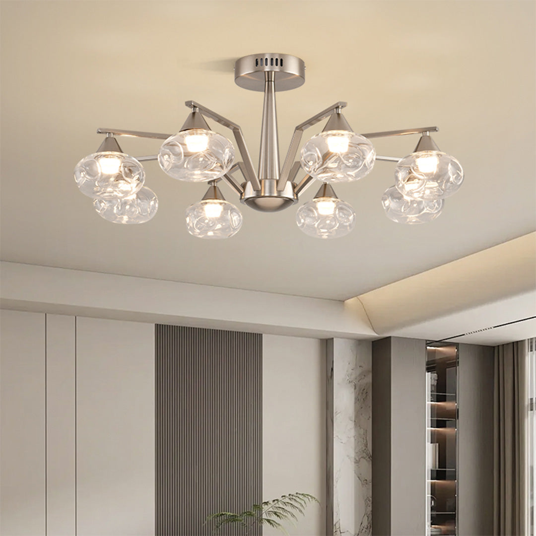 Sputnik Mid-Century Semi-Flush Mount — Sand Nickel Iron, Cognac Glass, 6- or 8-Light, Three-Color Dimming
