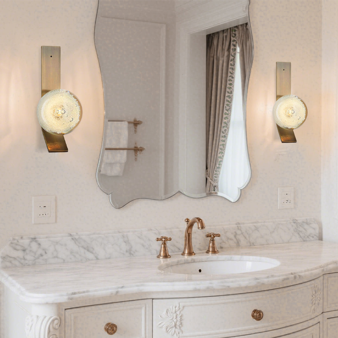 Glass Bubble Wall Sconce — Iron Frame, LED 3000K, Single 7W or Dual 14W, Gold / White / Black / Bronze