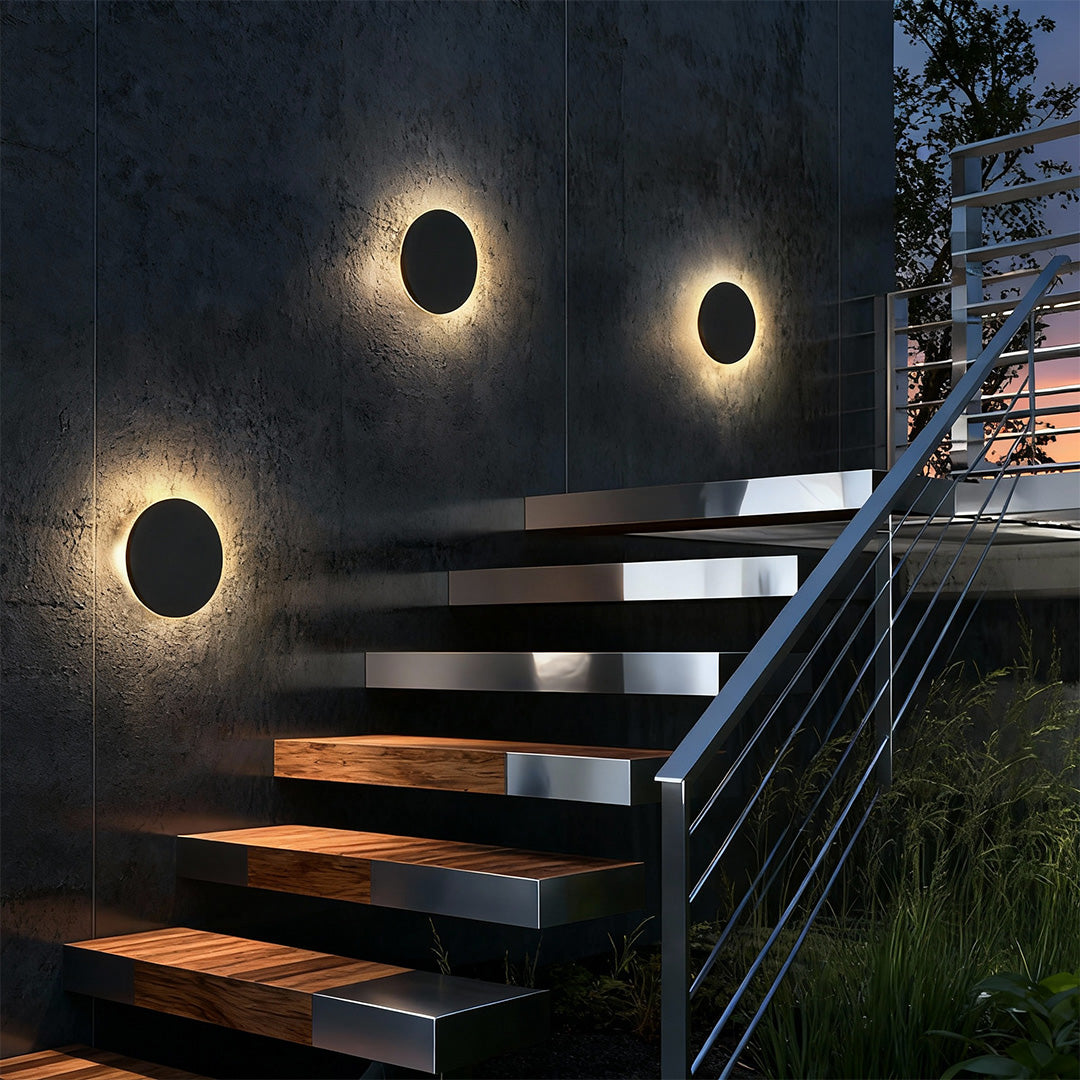 Modern Circular Outdoor Wall Sconce — Die-Cast Aluminum, Acrylic Shade, LED, IP54, 6" or 8"