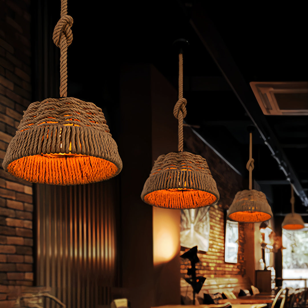 Vintage Industrial Hemp Rope Pendant Light — Iron, Bell-Shaped, E27, 4W, Adjustable 50cm Cord