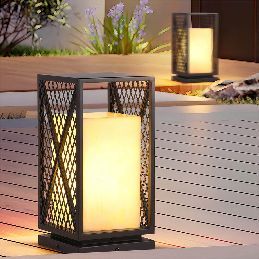 Square Outdoor Bollard Lantern — Galvanized Steel, Marble-Texture Shade, 10W LED 3000K, IP65