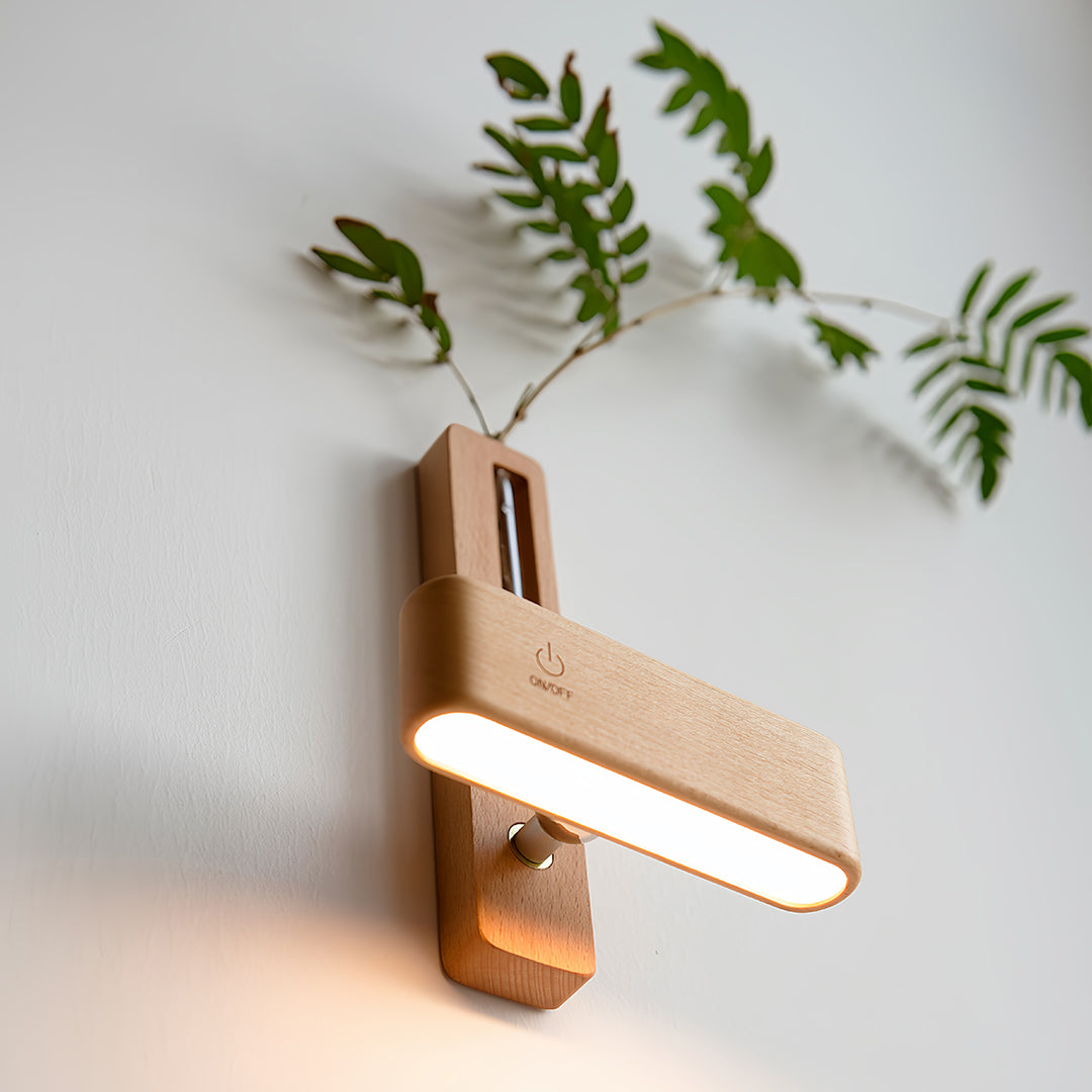 Minimalist Wood Wall Sconce with Glass Vase — Acrylic Diffuser, USB Rechargeable, Wireless Magnetic Mount