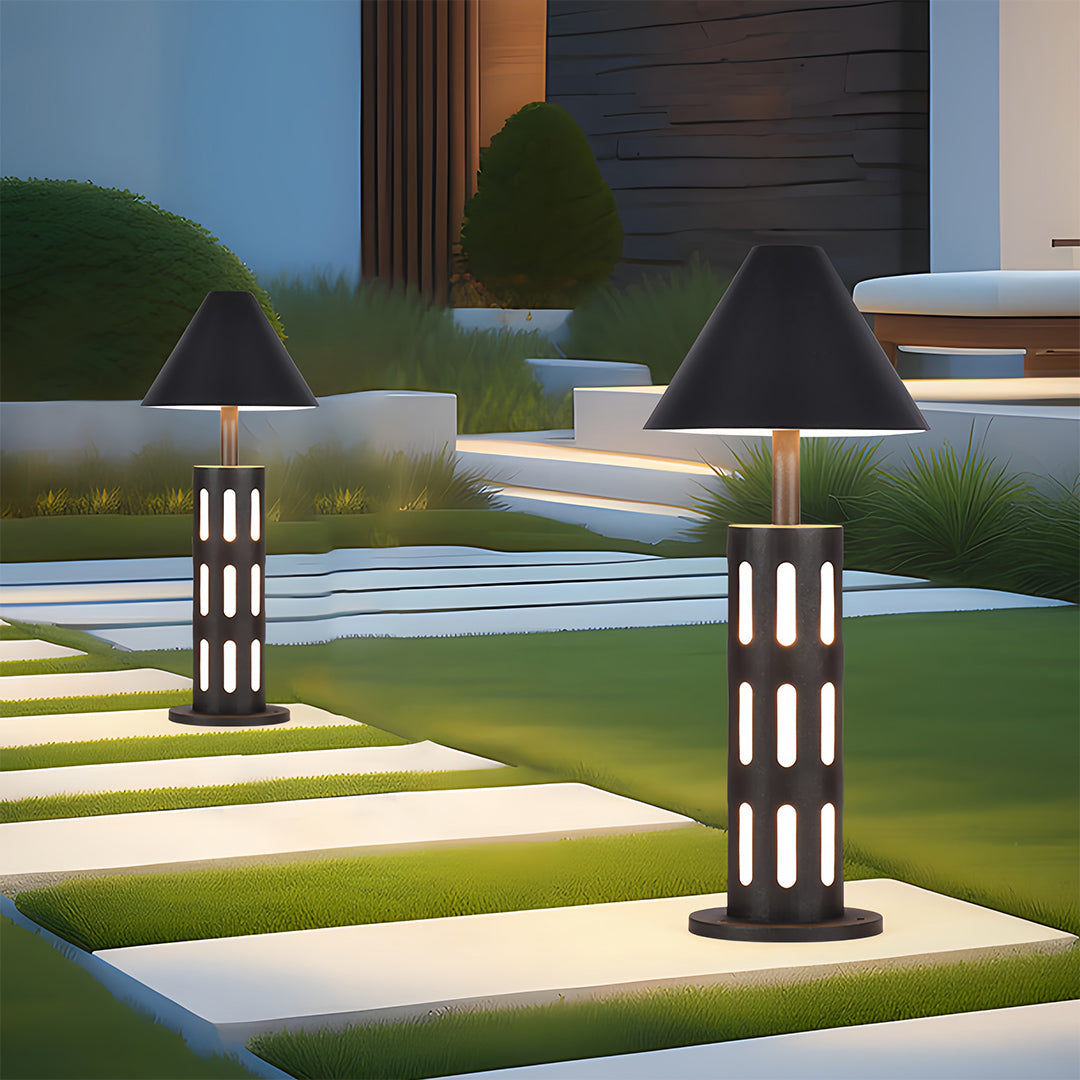 Industrial Perforated Cylindrical Bollard Path Light — Black Galvanized Steel, 10W LED, 3000K, IP65 Weatherproof