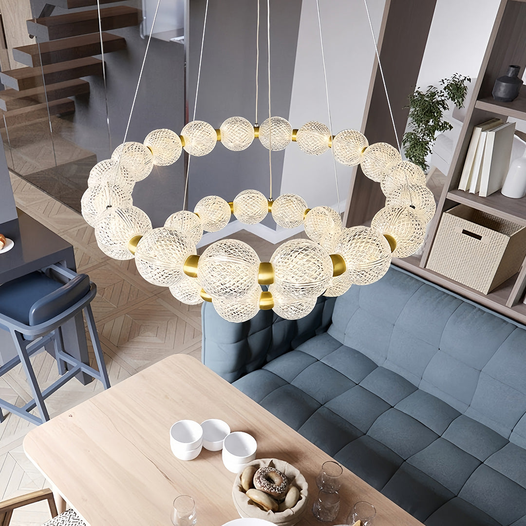 Round Glass Shade Island Chandelier — Gold Metal, Three-Step Dimming, 60cm / 80cm / Combination