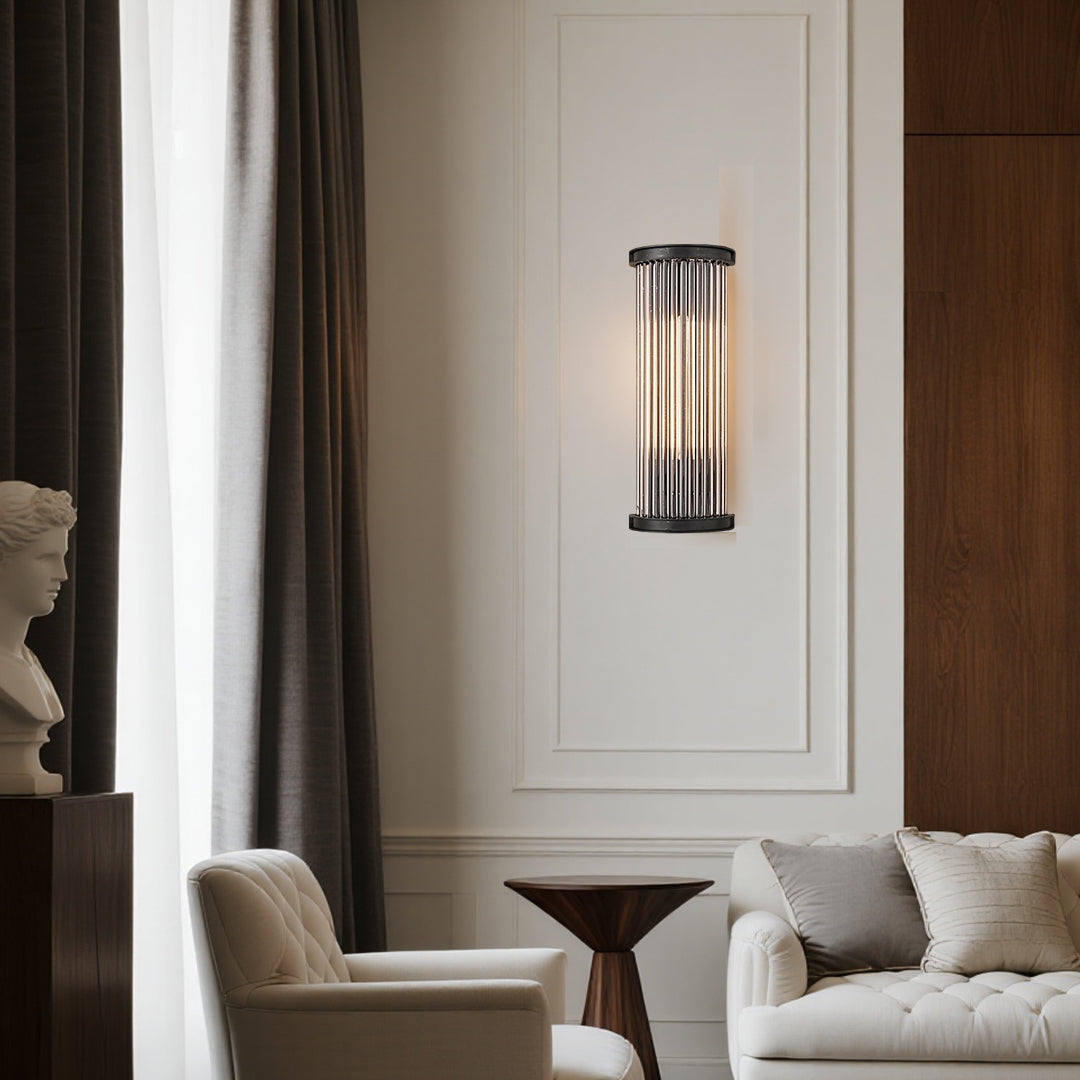 Vintage Semi-Circular Glass Rod Wall Sconce — Black Iron, LED 3000K, 1-Light