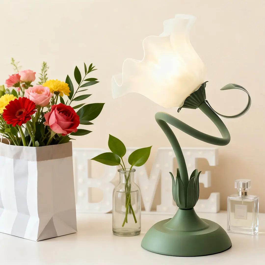 Vintage French Floral Table Lamp with Twistable White Glass and Green Accents - DIY Design Luxe