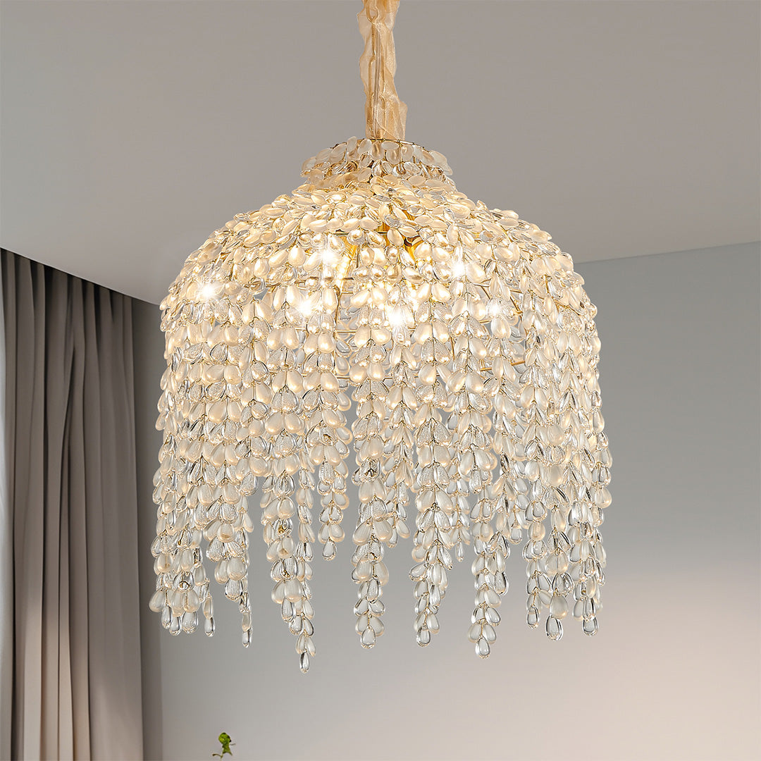 French Country Teardrop Crystal Chandelier — Gold Metal Frame, Adjustable 60" Chain, E12, Two Sizes