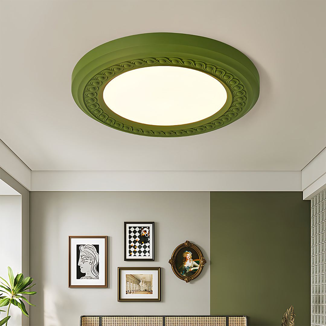 French Country Carved Resin Flush-Mount Ceiling Light — Acrylic Shade, 72W LED, 3-Step Dimming, 23.15"