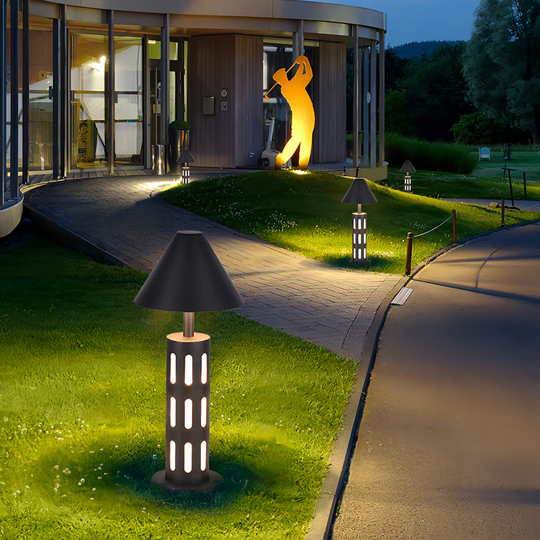 Industrial Perforated Cylindrical Bollard Path Light — Black Galvanized Steel, 10W LED, 3000K, IP65 Weatherproof