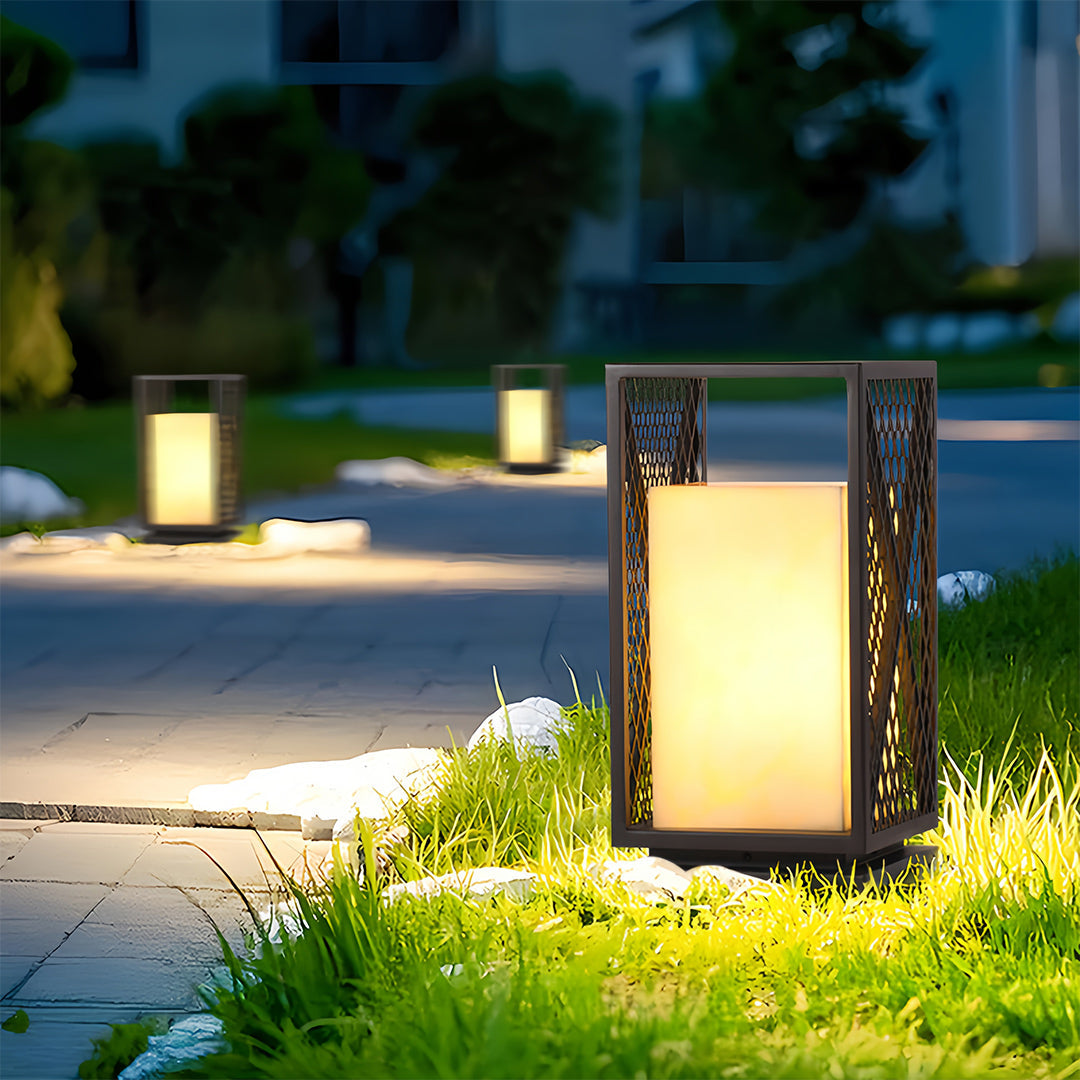 Square Outdoor Bollard Lantern — Galvanized Steel, Marble-Texture Shade, 10W LED 3000K, IP65