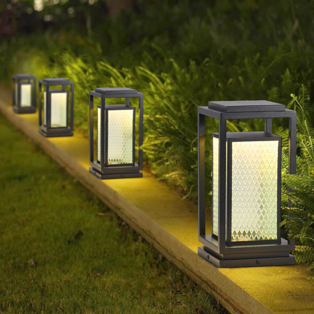 Industrial Square Glass Lantern Bollard — Black, Galvanized Steel, IP65, LED, Hardwired or Solar, 3 Sizes