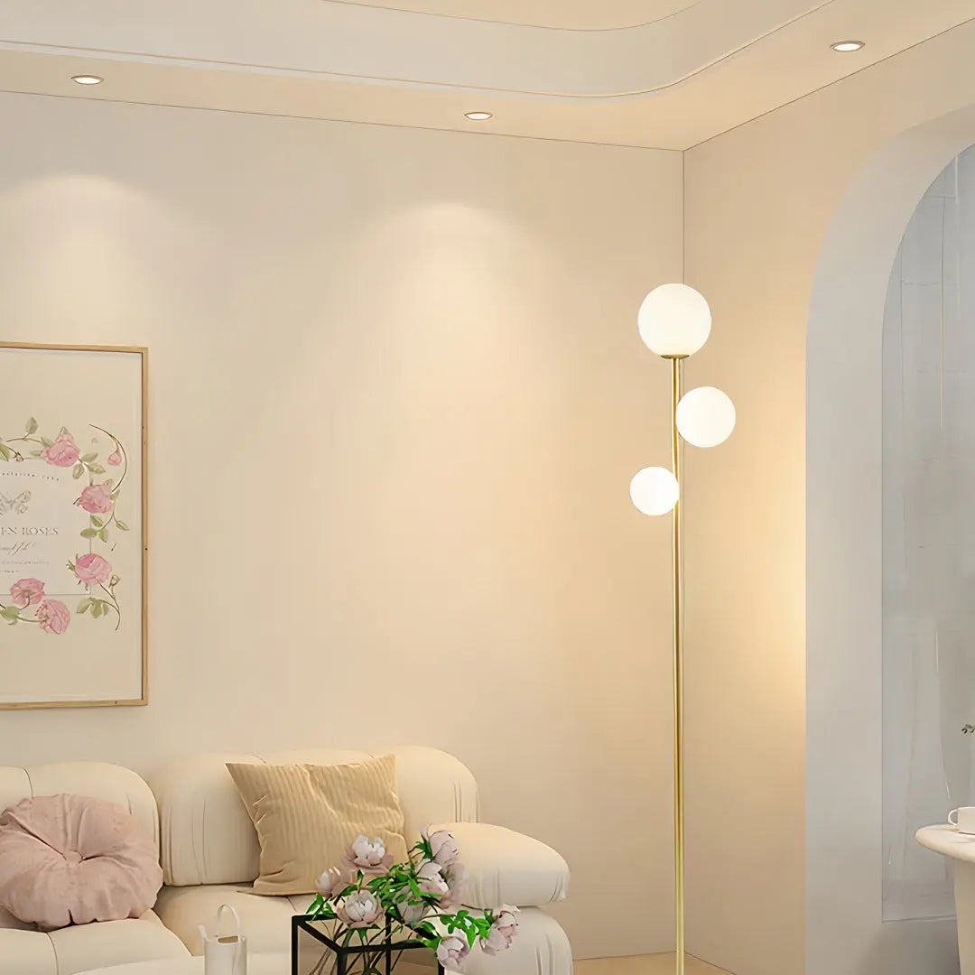 Modern Globe Floor Lamp with 3 Lights in Gold, Black, and White - Standing Design Luxe