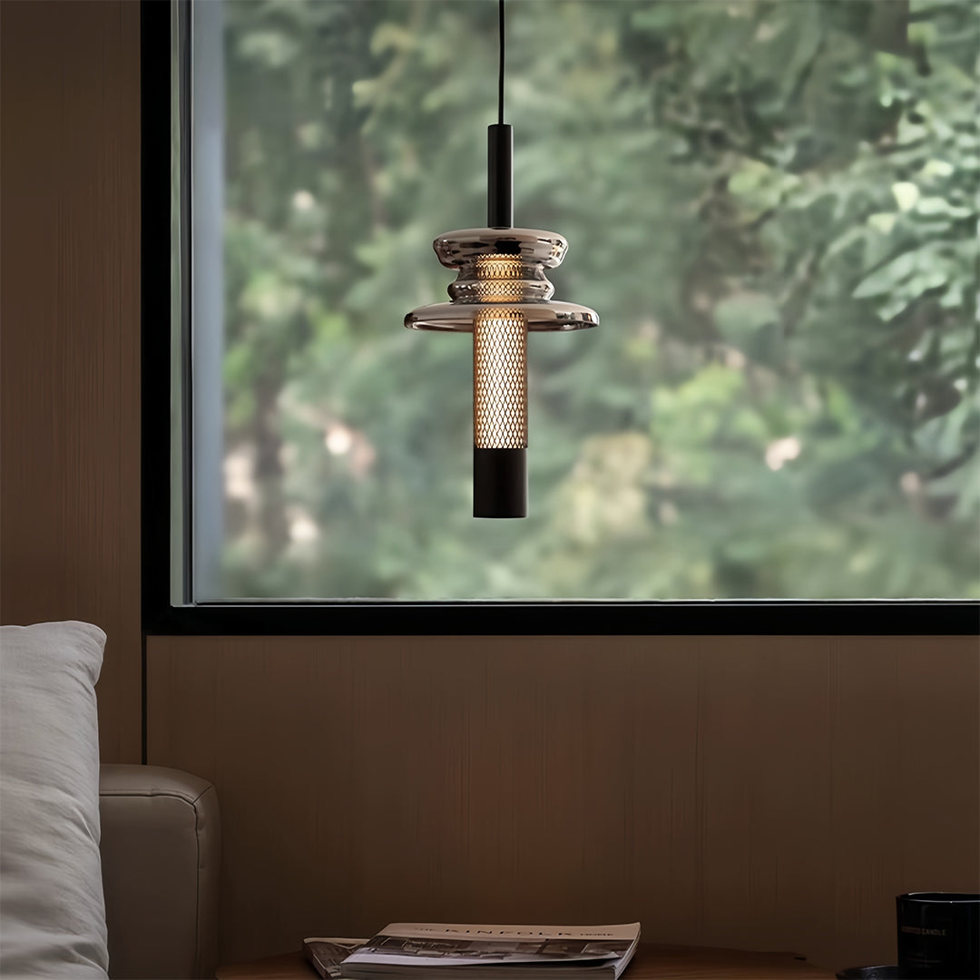 Geometric Mini Pendant — Black Iron and Aluminum, Hand-Blown Glass Shade, 7W LED, 3-Step Dimming, Dimmable, Remote Control