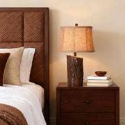 Bark-Textured Fabric Shade Faux Wood Table Lamp for Nightstands Luxe