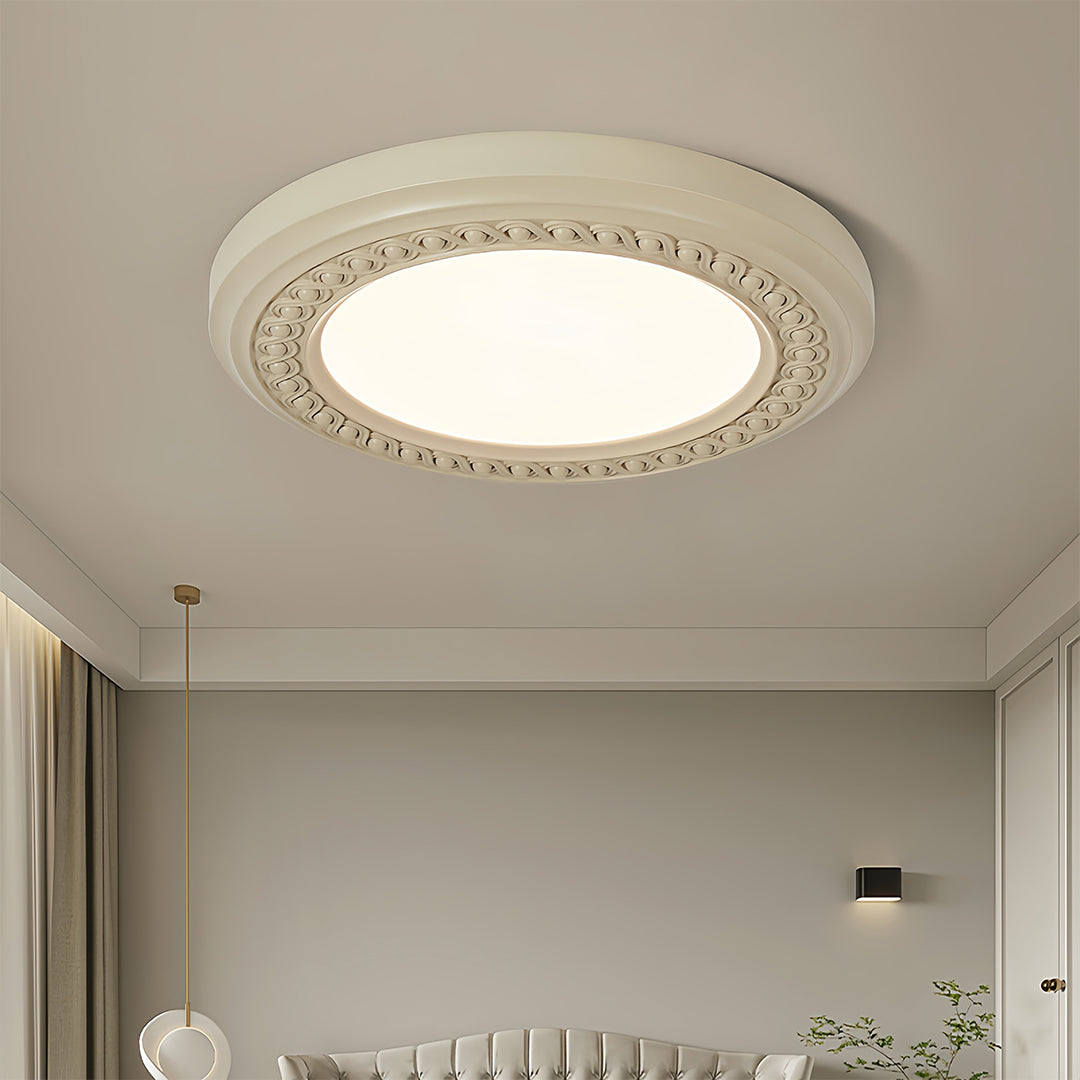 French Country Carved Resin Flush-Mount Ceiling Light — Acrylic Shade, 72W LED, 3-Step Dimming, 23.15"