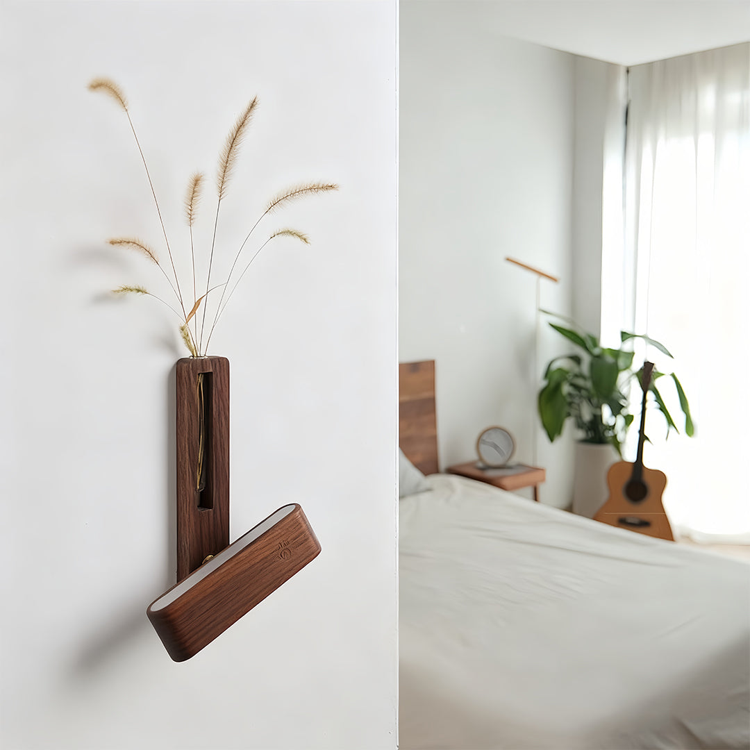Minimalist Wood Wall Sconce with Glass Vase — Acrylic Diffuser, USB Rechargeable, Wireless Magnetic Mount