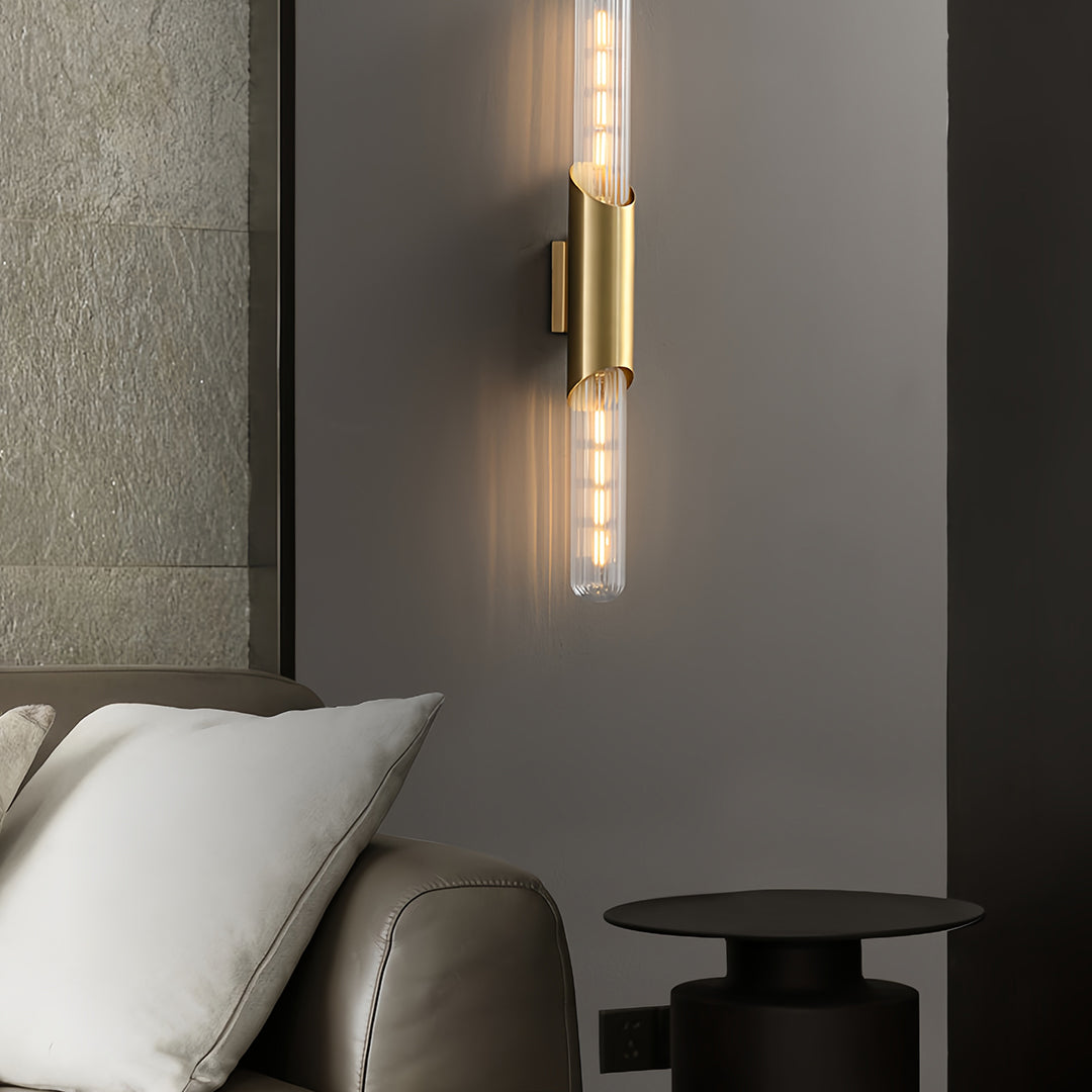 Cylindrical Up/Down Wall Sconce — Full Brass, Transparent Glass Shade, E14, 5W, 3000K/4000K/6000K