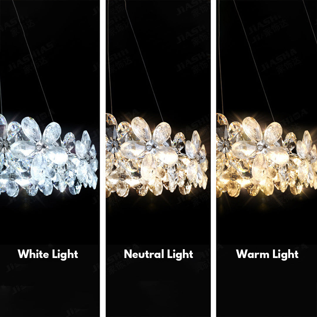 French Flower Crystal Chandelier — Mirror-Polished Metal, K9 Crystal, Stepless Dimming 3000K–6000K, Remote Control, Multiple Sizes