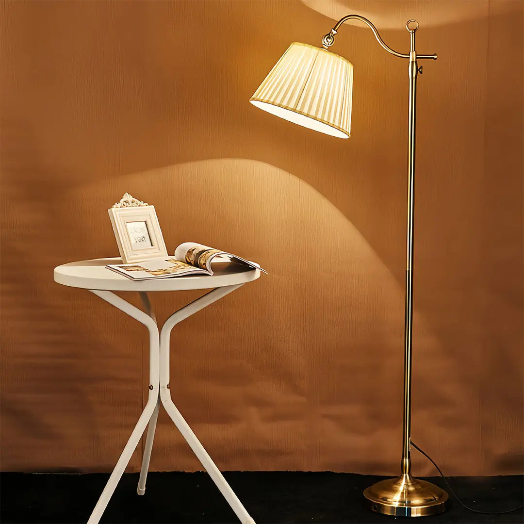 Vintage Style Adjustable Copper Floor Lamp with Fabric Shade and Arch Design Luxe