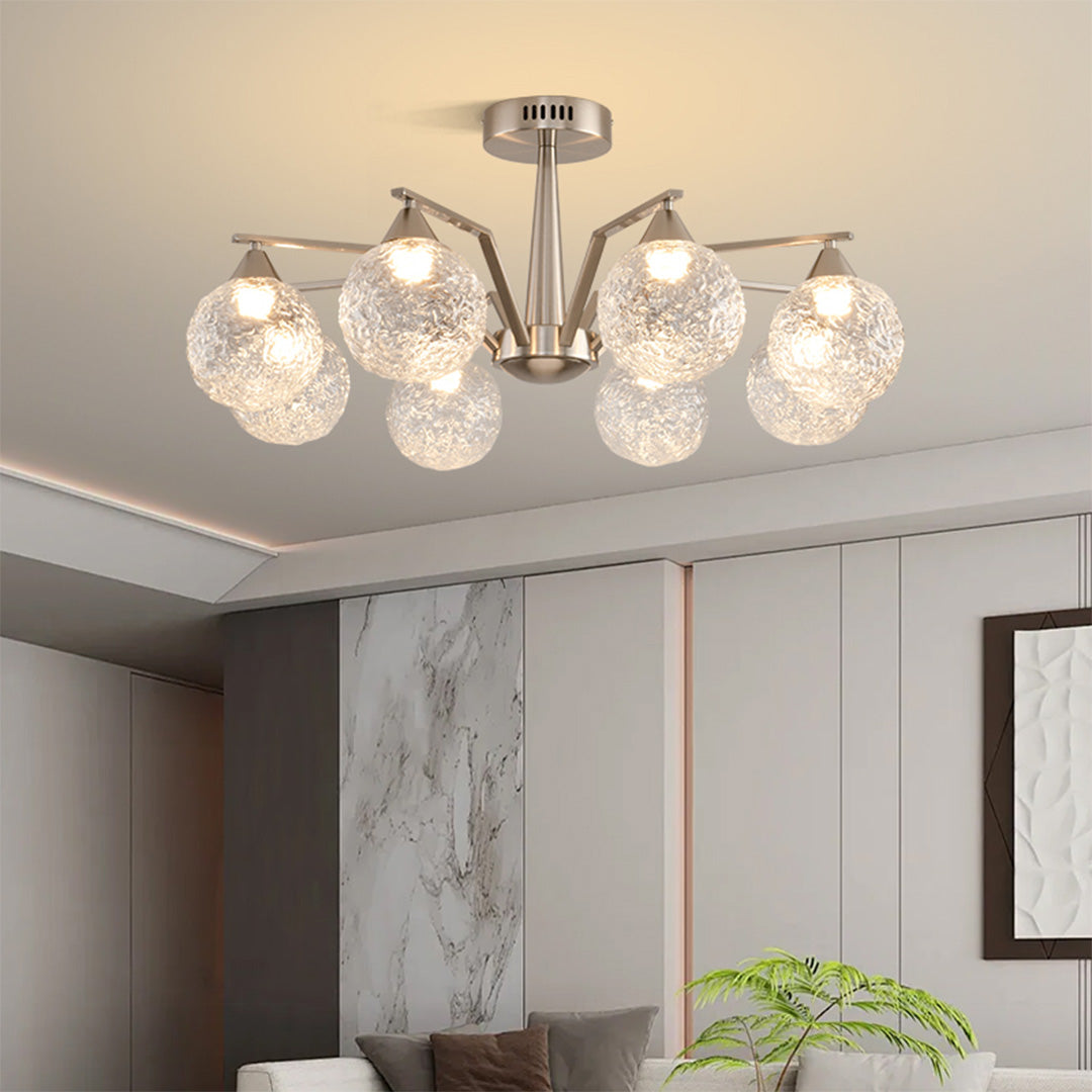 Sputnik Mid-Century Semi-Flush Mount — Sand Nickel Iron, Cognac Glass, 6- or 8-Light, Three-Color Dimming