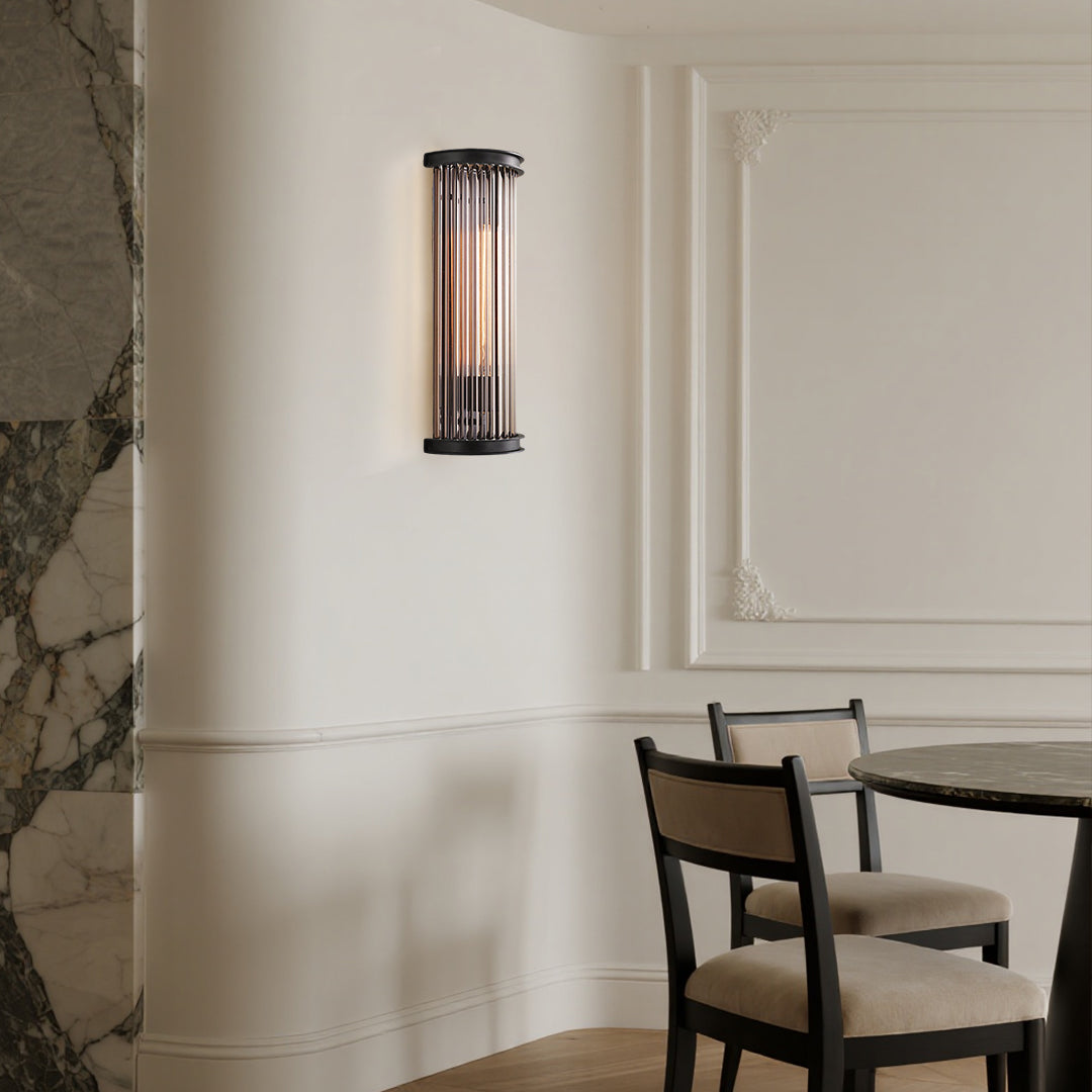 Vintage Semi-Circular Glass Rod Wall Sconce — Black Iron, LED 3000K, 1-Light