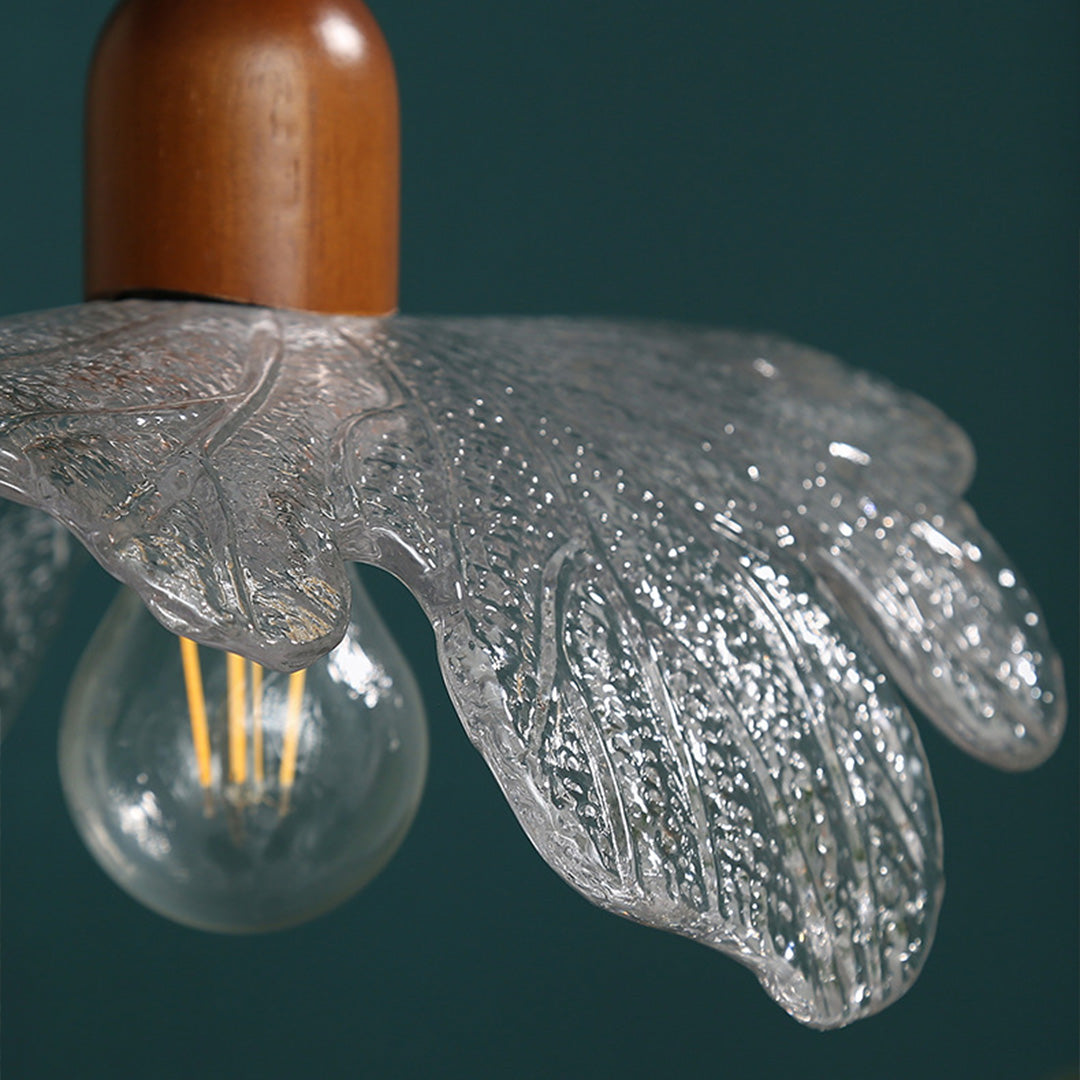 Lotus Leaf Mini Pendant — H65 Brass and Handcrafted Glass, Wood Accent, 1-Light, 3000K Warm, Hardwired