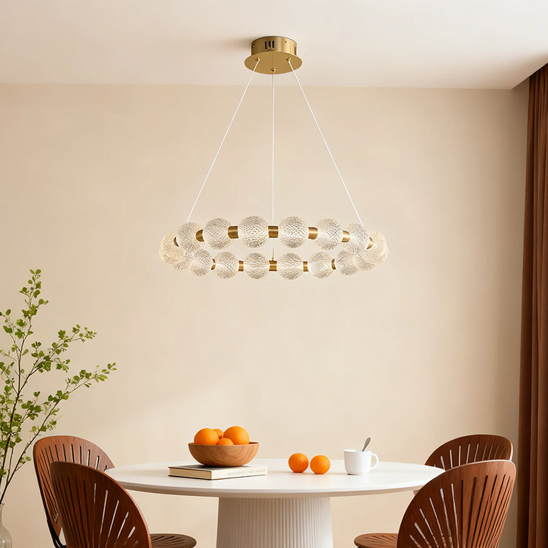 Round Glass Shade Island Chandelier — Gold Metal, Three-Step Dimming, 60cm / 80cm / Combination