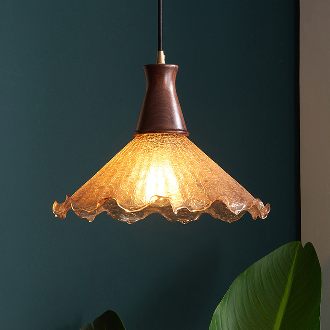Vintage Brass Mini Pendant — H65 Brass, Cracked Glass, Walnut Wood, E27 LED, 3000K, 1-Light