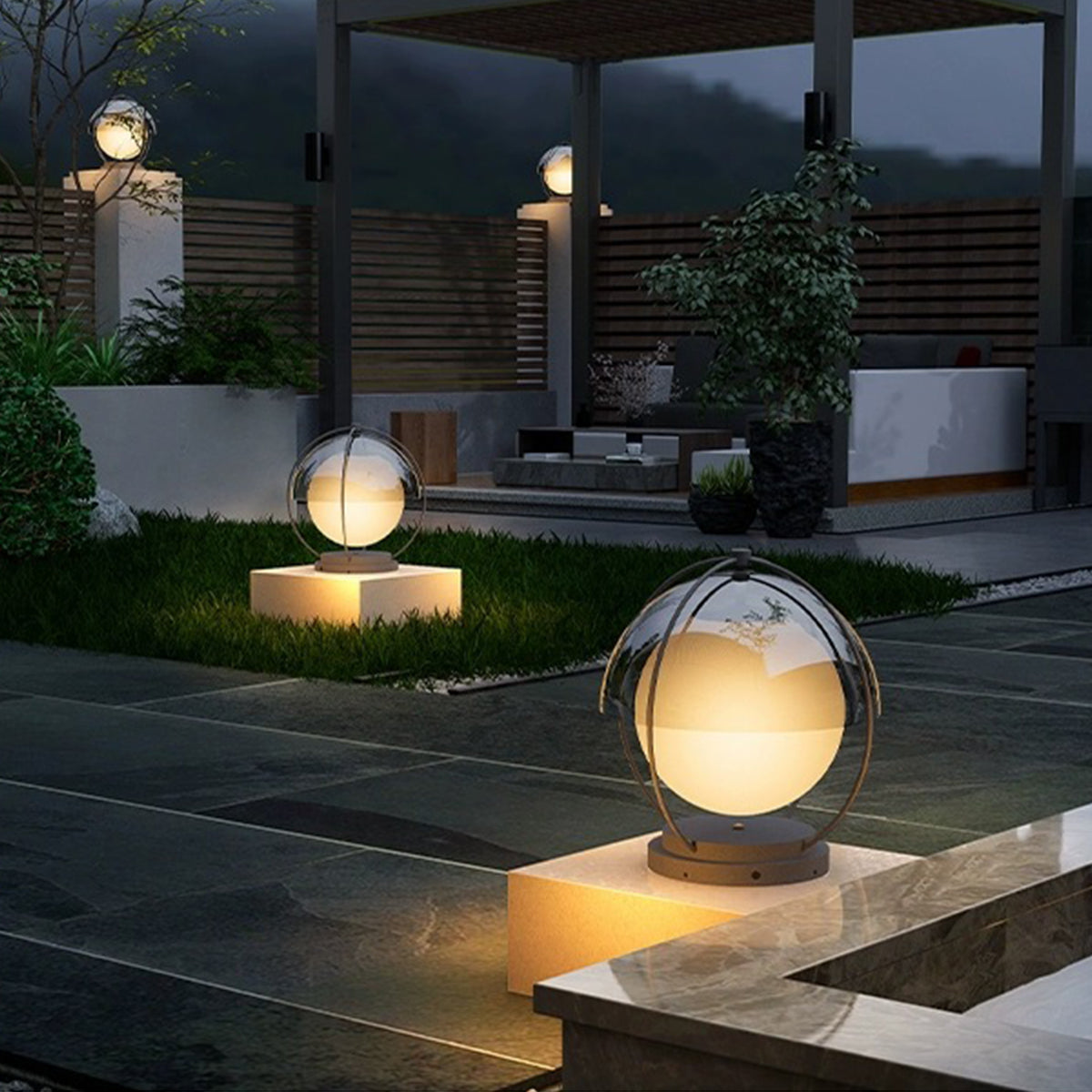Modern Minimalist Globe Outdoor Pillar Light — Metal & PMMA, LED 3000K, Solar or Hardwired, Weatherproof