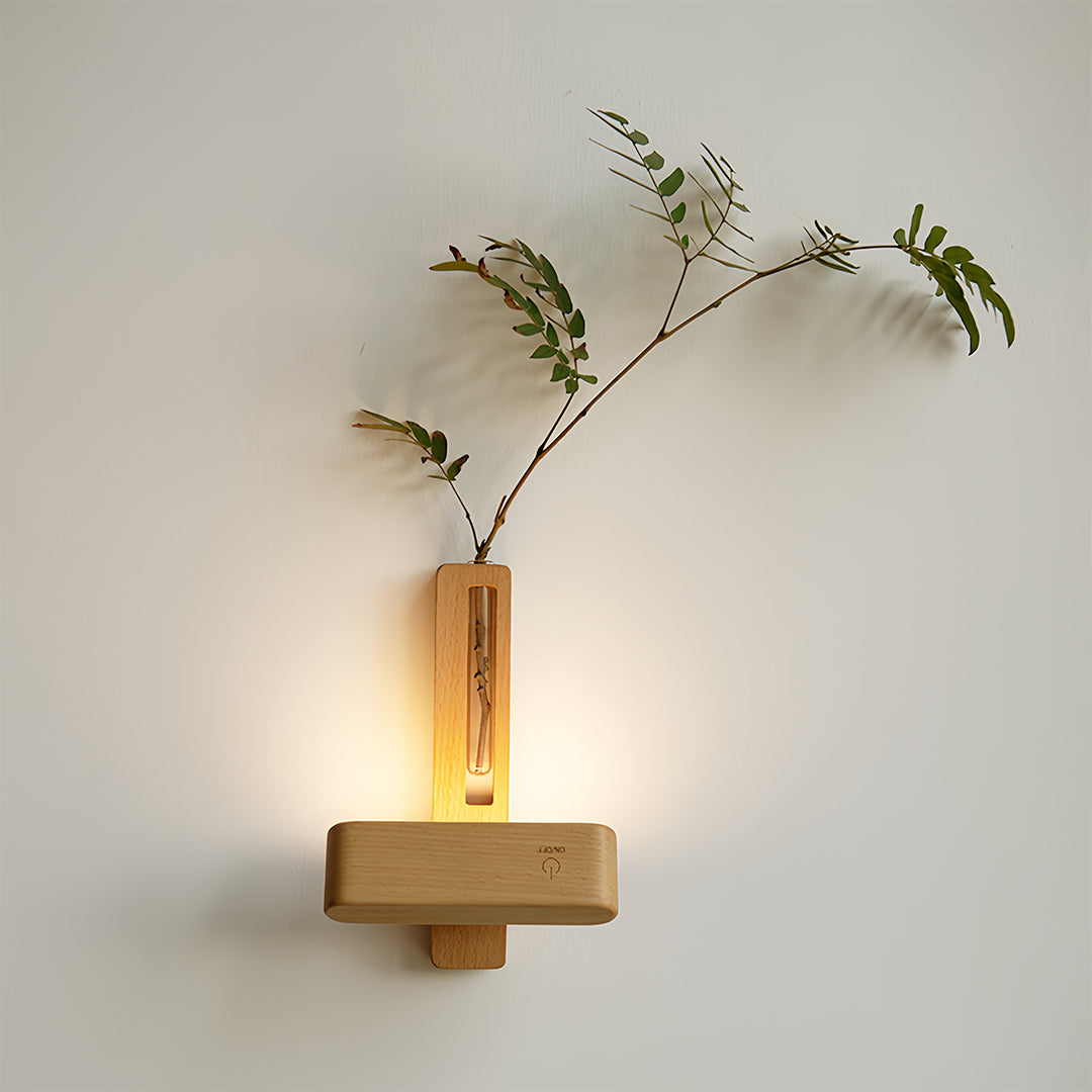 Minimalist Wood Wall Sconce with Glass Vase — Acrylic Diffuser, USB Rechargeable, Wireless Magnetic Mount