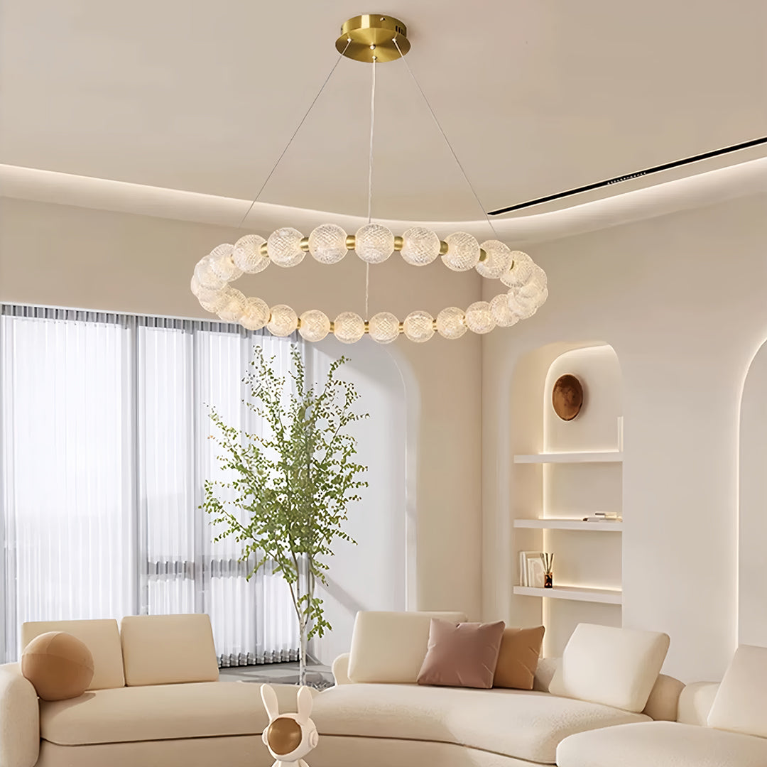 Round Glass Shade Island Chandelier — Gold Metal, Three-Step Dimming, 60cm / 80cm / Combination