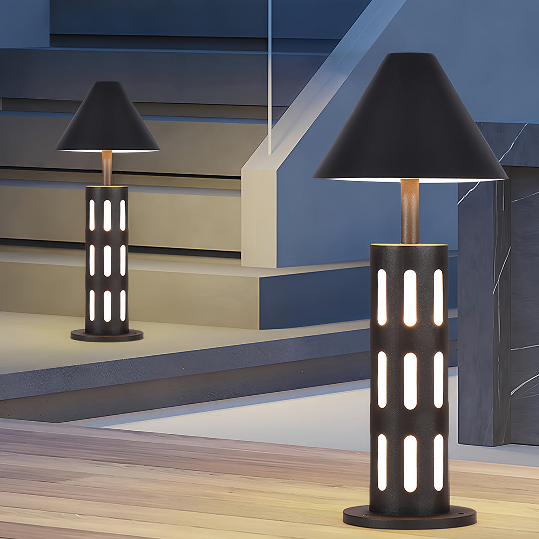 Industrial Perforated Cylindrical Bollard Path Light — Black Galvanized Steel, 10W LED, 3000K, IP65 Weatherproof