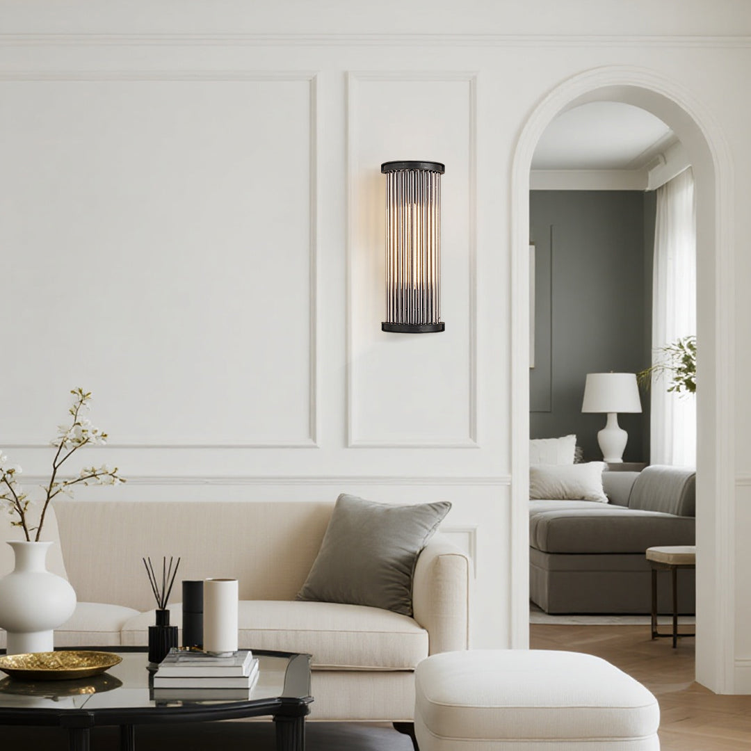 Vintage Semi-Circular Glass Rod Wall Sconce — Black Iron, LED 3000K, 1-Light