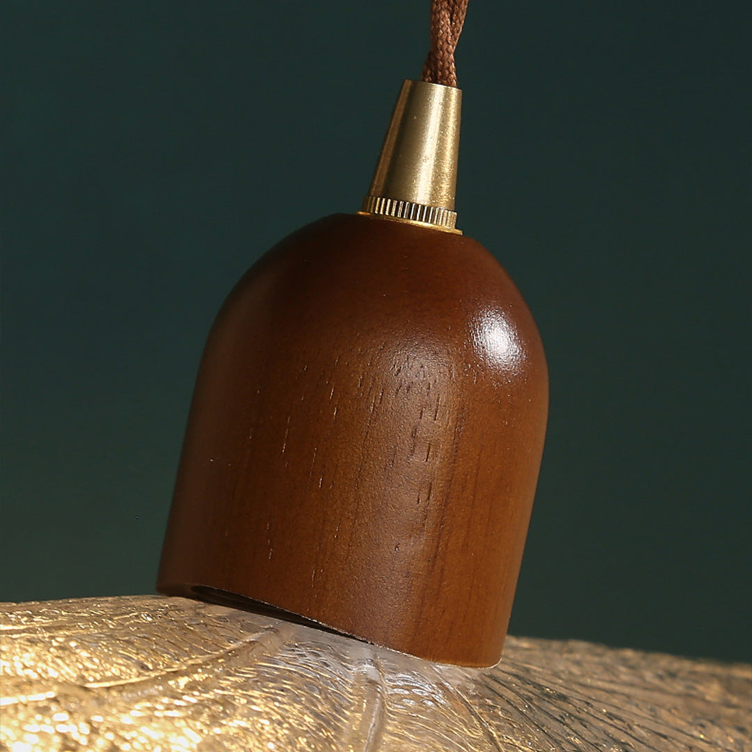 Lotus Leaf Mini Pendant — H65 Brass and Handcrafted Glass, Wood Accent, 1-Light, 3000K Warm, Hardwired