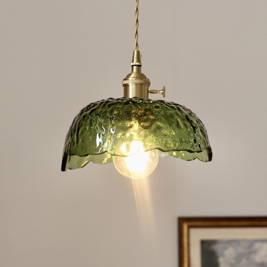 Hammered Glass Mini Pendant — Brass, E27, Adjustable 1.5m Cord, Transparent or Dark Green