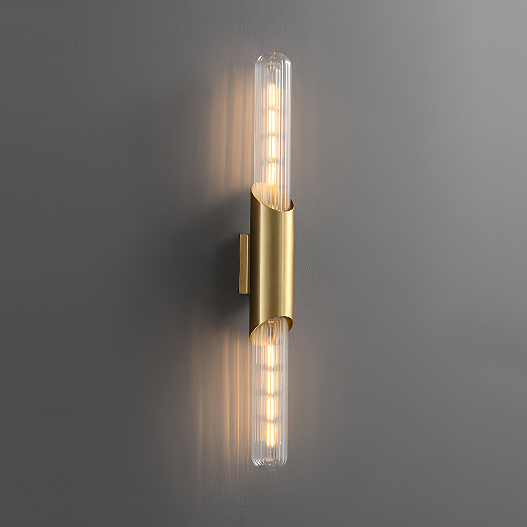 Cylindrical Up/Down Wall Sconce — Full Brass, Transparent Glass Shade, E14, 5W, 3000K/4000K/6000K