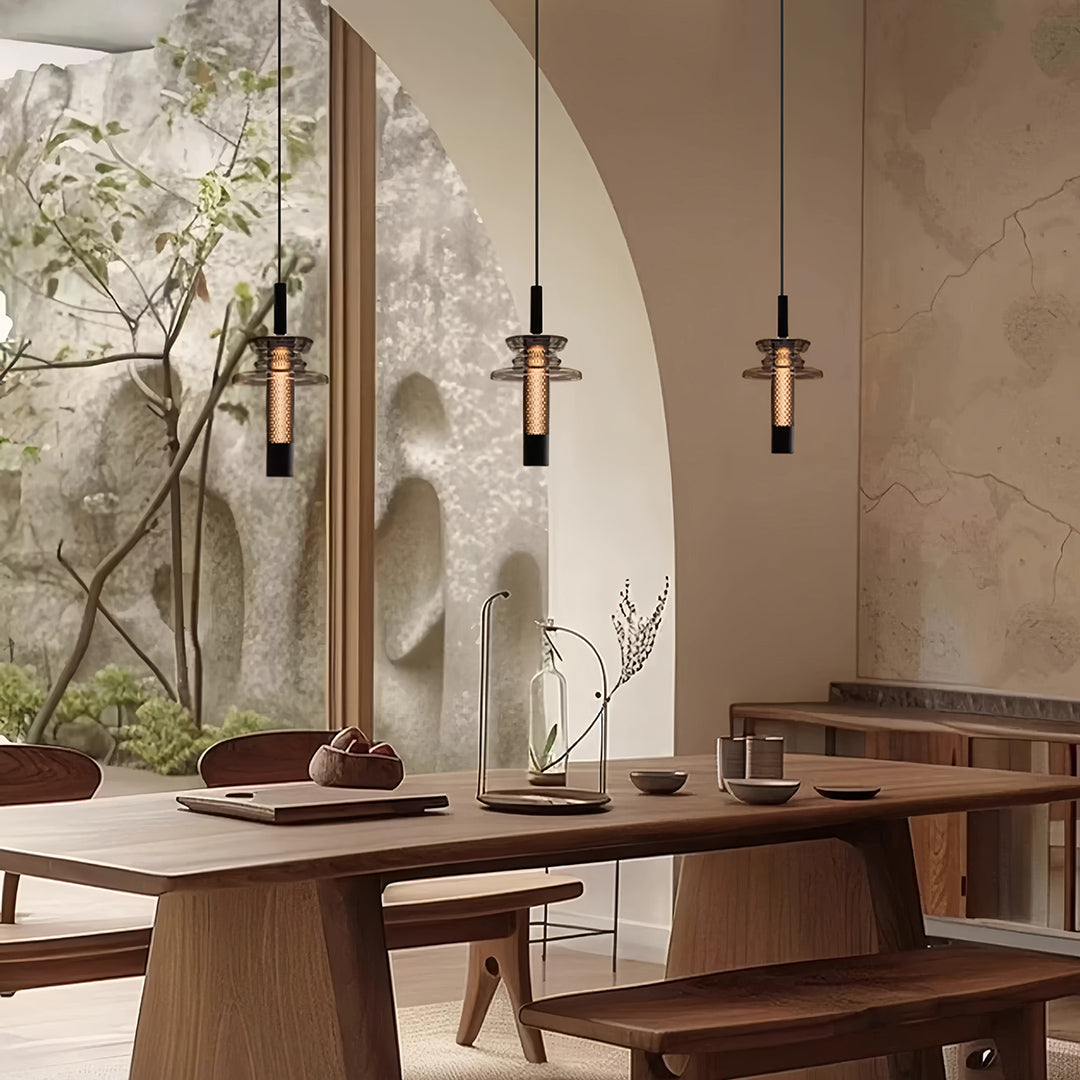 Geometric Mini Pendant — Black Iron and Aluminum, Hand-Blown Glass Shade, 7W LED, 3-Step Dimming, Dimmable, Remote Control