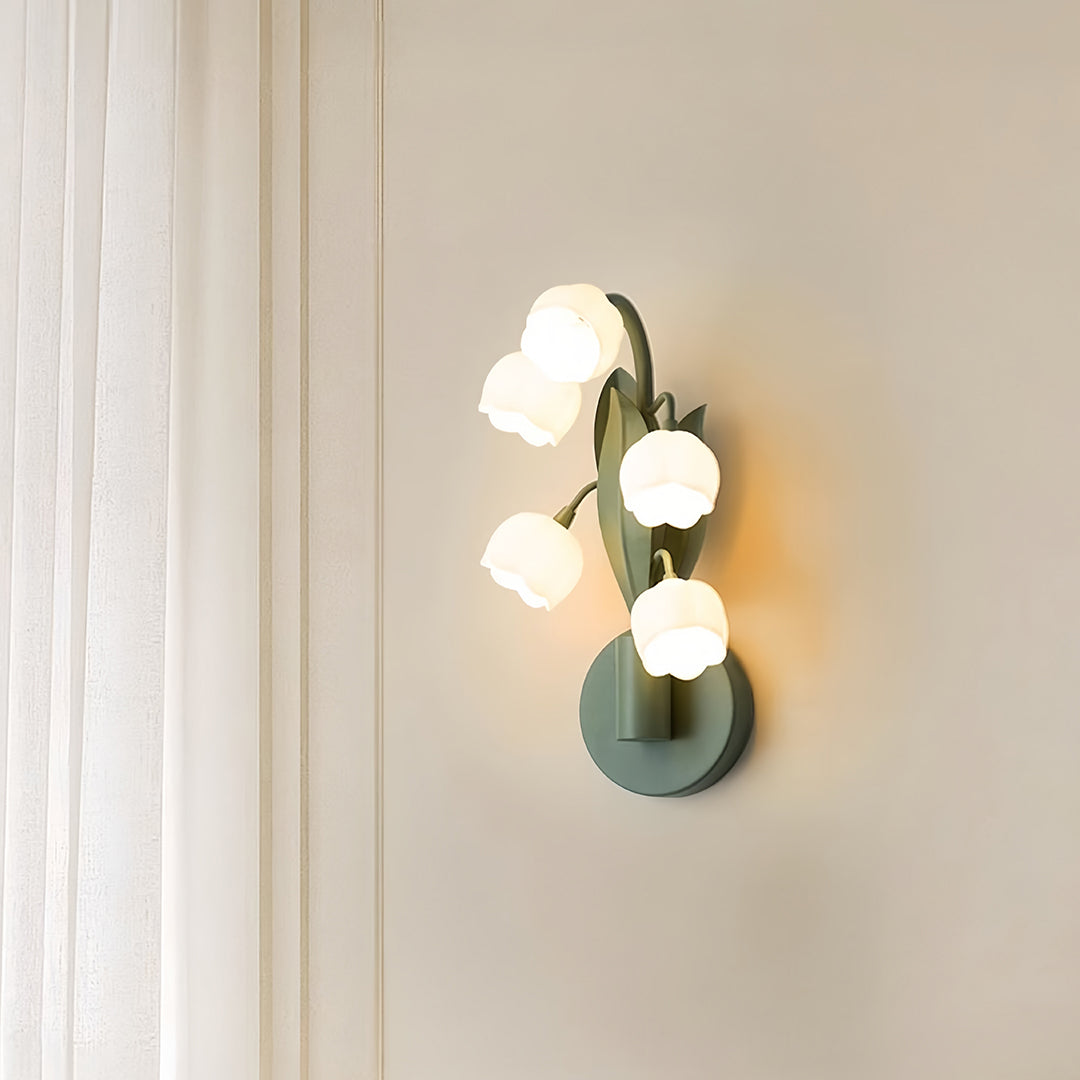 Bellflower Floral Wall Sconce — Green Iron, Clear Glass, 5-Light G4, Three-Step Dimming (3000K/4500K/6000K)